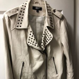 Cream white Leather FAIR CHILD Jacket w/ Rhinestones, Size Large Zipper Closure